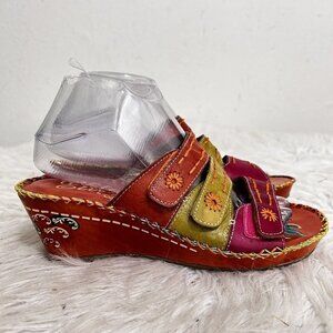 Elite by Corkys Multicolored Floral Embroidered Wedge Sandals Size 7 Art To Wear
